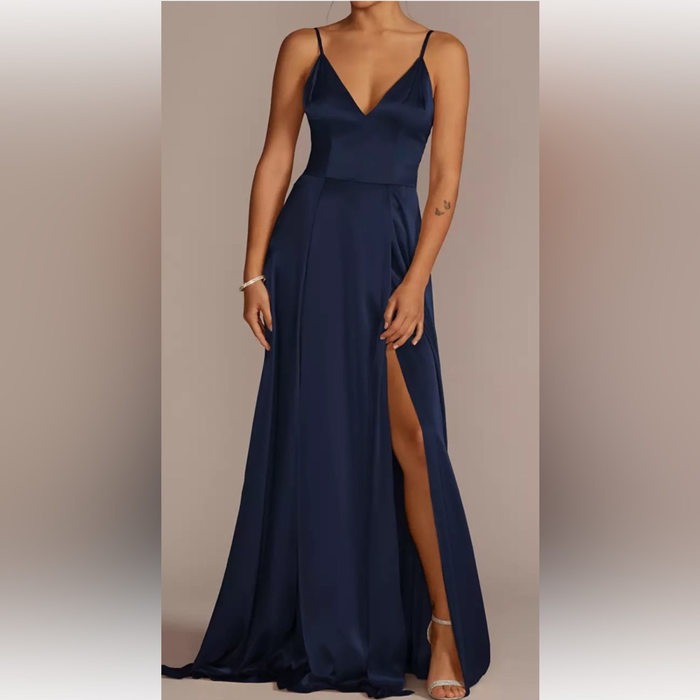 Galina Signature Charmeuse A-line Long V-neck spaghetti gown Blue Size 12